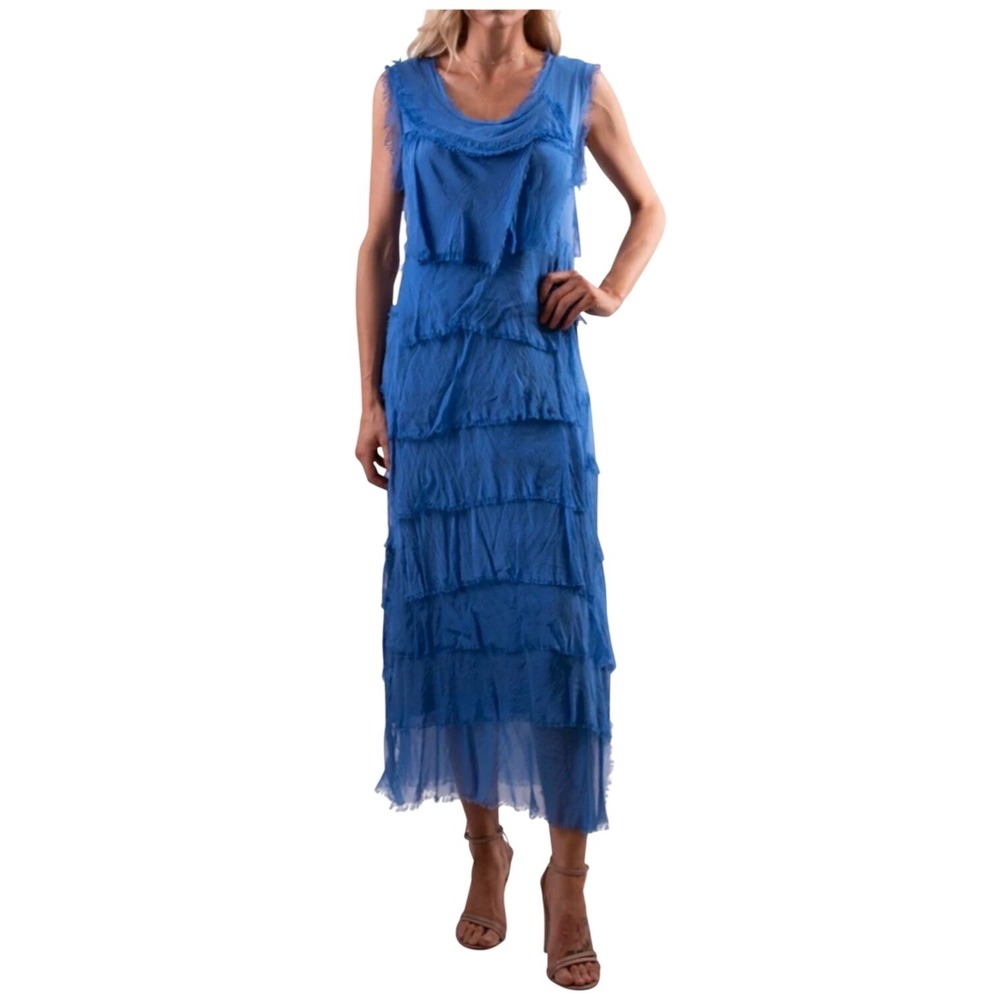 Gigi Moda Siena Maxi Dress Royal Blue Silk Blend Ruffle Tiered Made in Italy